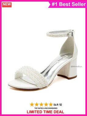 Block Heel Wedding Sandals Beaded Ankle Strap Bridal Heels